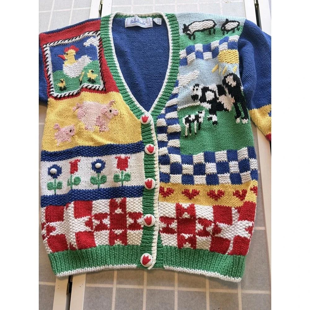 NWT Vintage Tacky Novelty Teacher Farm Pig Cow Cardigan BellePointe Granny SzM